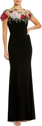 Mac Duggal Floral Embellished Jersey Fitted Gown in Black Multi at Nordstrom, Size 16
