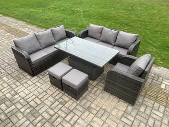 Fimous Outdoor Rattan Garden Furniture Sets Height Adjustable Rising lifting Dining Table Sofa Set with Reclining Chair 2 Small Footstool in Dark Grey