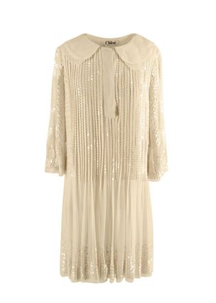 Chlo&eacute; Ecru Sequin Embroidered Silk Pleated Dress Size XS