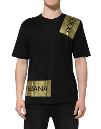 Dolce & Gabbana Black Logo Tape Cotton Men Crew Neck Mens T-shirt