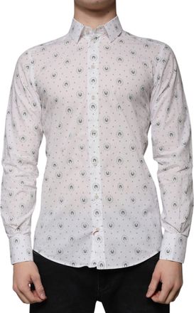Dolce & Gabbana White Printed Cotton Slim Fit Men Dress Mens Shirt (Pre-Owned)
