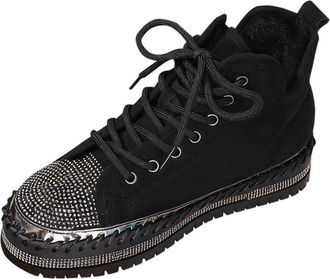 Generic Black Womens Decorated Boots for Winter Casual Wear Solid Embellished Round Toe Lace-Up High-Top Flat Thick-Soled Design Comfortable for Outdoor Use F