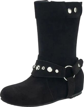 Generic Womens Mid Calf Boots Round Toe Medium Height Increasing Heel Slip On With Metal Decoration For Leisure Wear