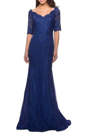 La Femme Floor Length Lace Dress with Rhinestone Accents in Marine Blue at Nordstrom, Size 16