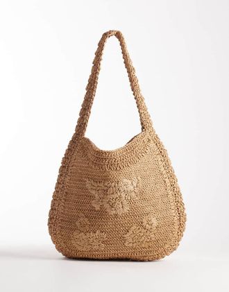 Accessorize Borsa da spalla grande marrone in rafia a fiori