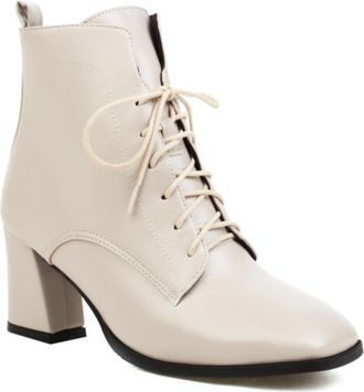 Generic Womens Square Toe Chunky Heel Booties Comfortable Lace-Up Ankle Boots,White,1.5 UK