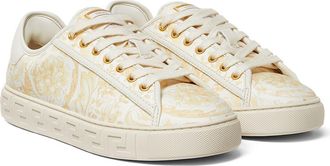 Versace Barocco Jacquard Greca Low Top Sneaker in Washed Gold/Off White at Nordstrom, Size 6.5Us