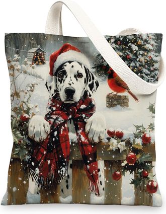 Generic Christmas Dalmatian Dog Canvas Tote Bag for Shopping 13x15, Xmas Farmhouse Cardinal Puppy Reusable Grocery Print Bag for Women Men, Holiday Pet Aesthe