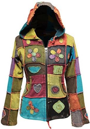 Shopoholic Fashion Women Love Flower Peace Embroidered Patchwork Hippie Pixie Hooded Jacket (XXL)