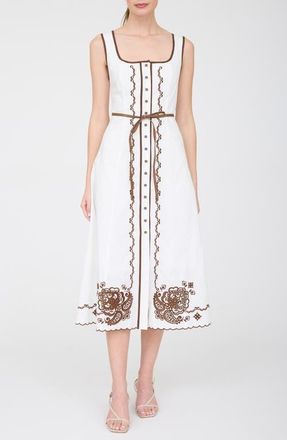ZOE AND CLAIRE Floral Embroidered Belted Cotton Midi Dress in Off White at Nordstrom, Size X-Small