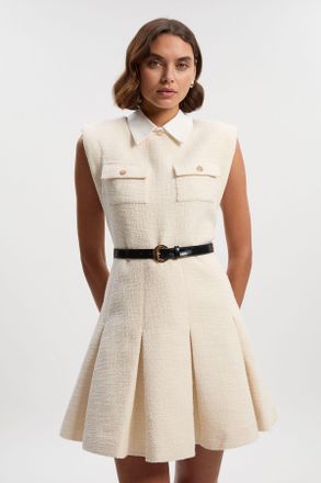 Karen Millen Womens Textured Tweed Contrast Collar Pleated Tailored Mini Dress - Cream Cotton - Size 14 UK