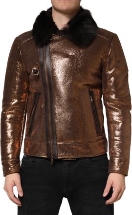 Dolce & Gabbana Bronze Leather Fur Full Zip Men Biker Mens Jacket