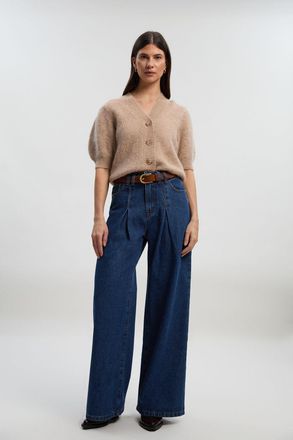 Karen Millen Womens Denim Pleat Front Wide Leg Jeans - Blue Cotton - Size 10 UK