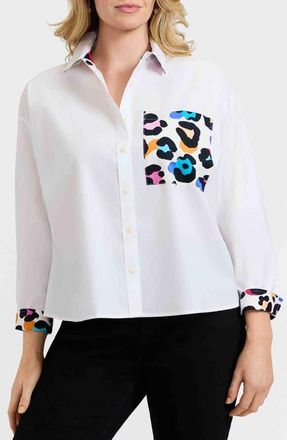 Foxcroft Marina Contrast Leopard Trim Cotton Blend Button-Up Shirt in White/Leopard Multi at Nordstrom, Size 1 X