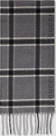 Gucci Tartan Wool Cashmere Scarf, Grey