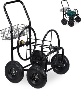Relaxdays Carro Portamangueras, Hasta 75 M, 4 Neum&aacute;ticos, Acoplamiento Por Clic, Cesta, Soporte Mangueras Metal, Negro - Relaxdays