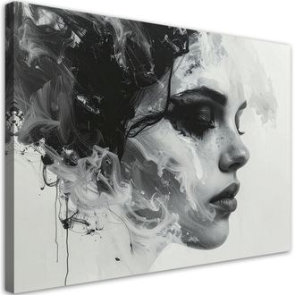 Feeby Cuadro En Lienzo, Retrato Abstracto De Una Mujer En Blanco Y Negro, 120x80