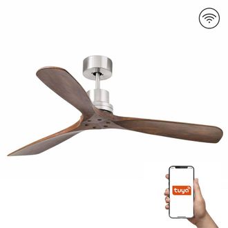Netlighting Lantau Large 3 Blade Ceiling Fan Satin Nickel Walnut Tuya Smart System in Brown