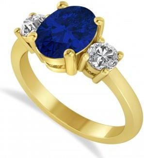 Allurez Oval & Round 3-Stone Blue Sapphire & Diamond Engagement Ring 14k Yellow Gold (3.00ct)