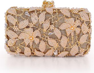 Badgley Mischka Adelaide Floral Vine Pearl and Crystal Beaded Minaudiere in Gold at Nordstrom, Size Medium
