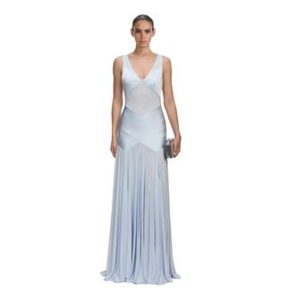 Self Portrait Gowns, female, Blue, Size: M Satin Jersey Maxi Dress