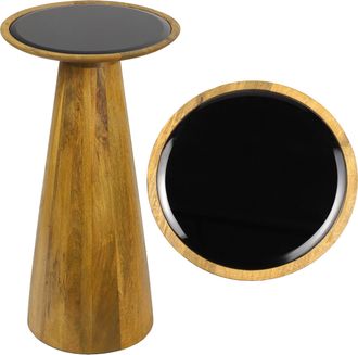 Jonathan Y Designs Linden 21.5 Farmhouse Industrial Mango Wood Drink Table and Decorative End Table with Round Black Glass Top and Cone Pedestal Base, Walnut
