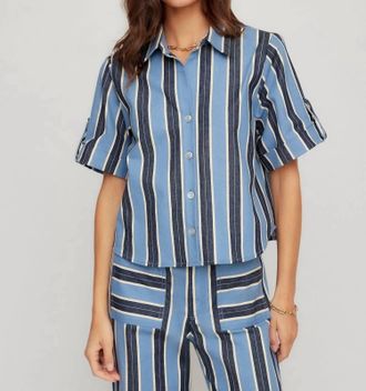 Fifteen Twenty Kay Cuffed Sleeve Shirt In Blue/cream