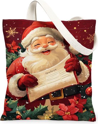 Generic Christmas Santa Canvas Tote Bags, Holiday Floral Design Reusable Bags, Vintage Lightweight Washable Canvas for Grocery Trav, Red, 13x15 Inch