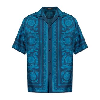 Versace Short Sleeve Shirts, male, Blue, Size: 2XL Barocco Silk Shirt