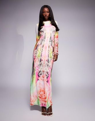 AFRM Didi - Vestito midi a maniche lunghe in tessuto a rete con stampa grunge effetto pizzo-Multicolore