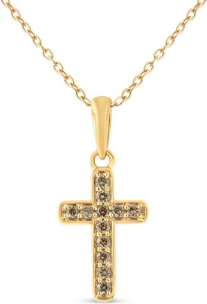 House of Brilliance 10K Yellow Gold Flashed.925 Sterling Silver 1/4 Cttw Champagne Diamond Cross Pendant Necklace