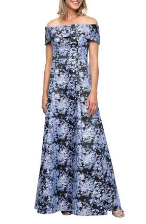 Alex Evenings Floral Jacquard Off the Shoulder Gown in Black/cornflower at Nordstrom, Size 6