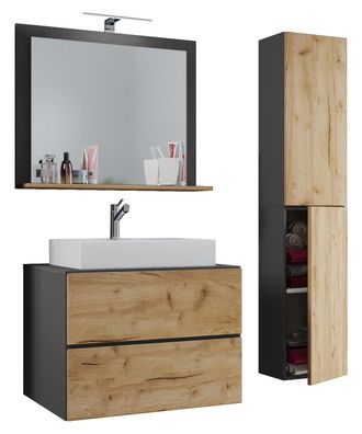 ebuy24 Ebuy24 - Vcm 4 Piezas Lavabo Lavabo Gabinete Inferior Ancho 80 Cm Muebles De Ba&ntilde;o Conjunto Con Cajones Puertas Giratorias Espejo Lendas L (antracita /