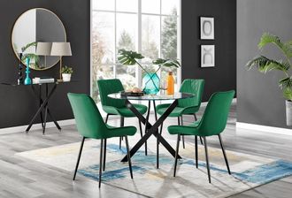 Furniturebox Novara 4 Seater Black Leg Round Glass Dining Table & 4 Pesaro Soft Velvet Black Leg Chairs in Green