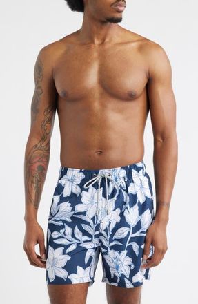 Vintage Summer Swimwear Floral Stretch Volley Swim Trunks in Navy at Nordstrom, Size X-Large