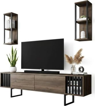 Dmora Mobile porta tv Ananke, Credenza da soggiorno, Armadio basso per tv, Base parete attrezzata, 180x30h48 cm, Noce e Nero, con imballo rinforzato, con