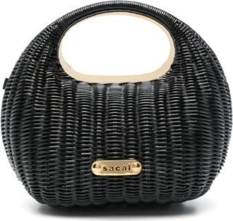 sacai Handbags, female, Black, Size: ONE SIZE Black Rattan Handbag with Metal Logo