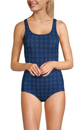 Lands End D-Cup Chlorine Resistant Scoop Neck Soft Cup Tugless Sporty One Piece Swimsuit Print in Navy Mosaic Mini Tile at Nordstrom, Size 10