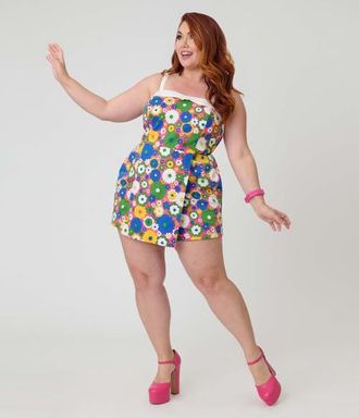 Unique Vintage Plus Size Skirted Dolly Romper in Blue Floral Print at Nordstrom, Size 2X