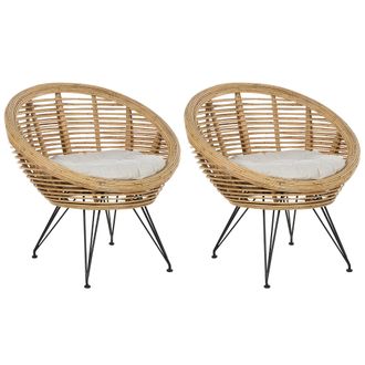 Beliani Conjunto De 2 Sillas Boho Rat&aacute;n Beige Claro Coj&iacute;n Tela Algod&oacute;n Resistencia Media Interior Natural Maratea