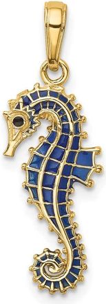 Diamond2Deal 14k Yellow Gold 3-D Blue Enameled Seahorse Pendant