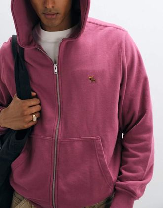 Abercrombie & Fitch Felpa rosso slavato con cappuccio, zip e logo