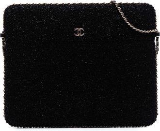 Chanel Pre-owned Womens Cc Tweed Chain Around Tablet Holder Crossbody - Black Textile - One Size