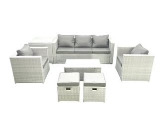 Fimous 7 Seater Rattan Garden Furniture Set with 3 Seater Sofa 2 Chair Rectangular Coffee Table 2 Small Footstools Side Table Light Grey Mixed