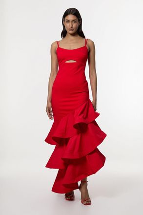 Karen Millen Womens Cotton Ponte Jersey Ruffle Hem Maxi Dress - Red Viscose - Size X-Small