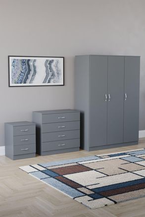 Home Discount Riano 3Pc Bedroom Set - 3 Drawer Bedside, 4 Drawer Chest & Wardrobe in Grey