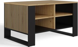 OEM Mesa De Centro Moderna De Roble Artesanal/negro, Laterales Ranurados, Estantes, Resistente A Los Ara&ntilde;azos