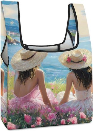 Generic Ocean Flower Sailboat Mountai Shopping Bag Reusable Grocery Tote Bag Foldable Handbag for Travel Picnic