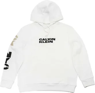 Calvin Klein Mens Long Sleeve Nyc Triple Logo Crew Neck Hoodie In Brilliant White