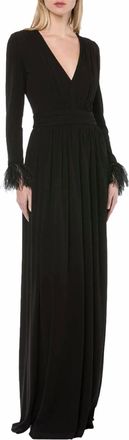 Alberta Ferretti Organza V-Neck Gown With Ostrich Feathers In Black